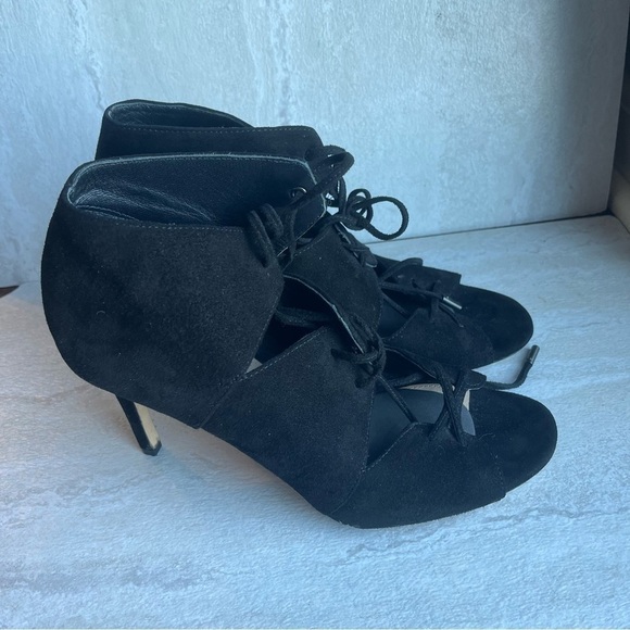 Via Spiga Black Leather Lace Up Peep toe Booties 7.5 - Picture 1 of 9